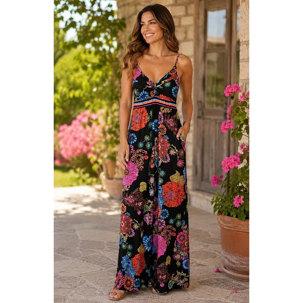 Trina Turk Womens Floral Paisley Maxi Dress Black Multi V-Neck Adjustable Size M